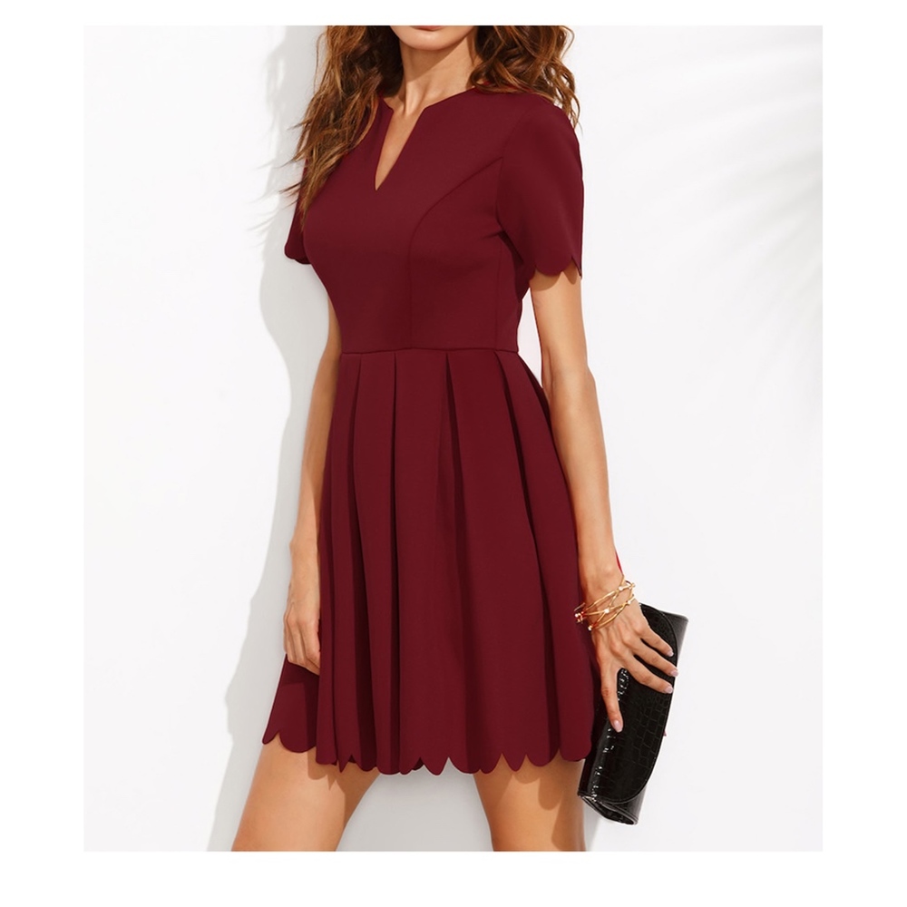 V Neck Fit & Flare Scallop Skater Dress Burgundy Red - Picture 2 of 7